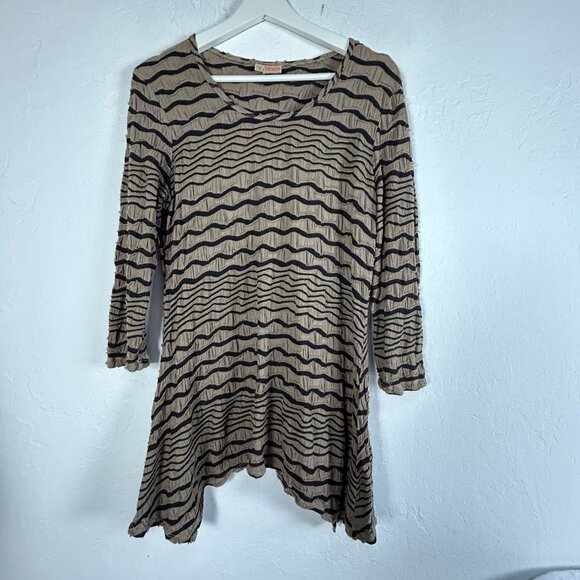 Tianello Womens Asbury Blouse Small Crinkle Tunic Top 3/4 Sleeves Beige/Black - Picture 1 of 7